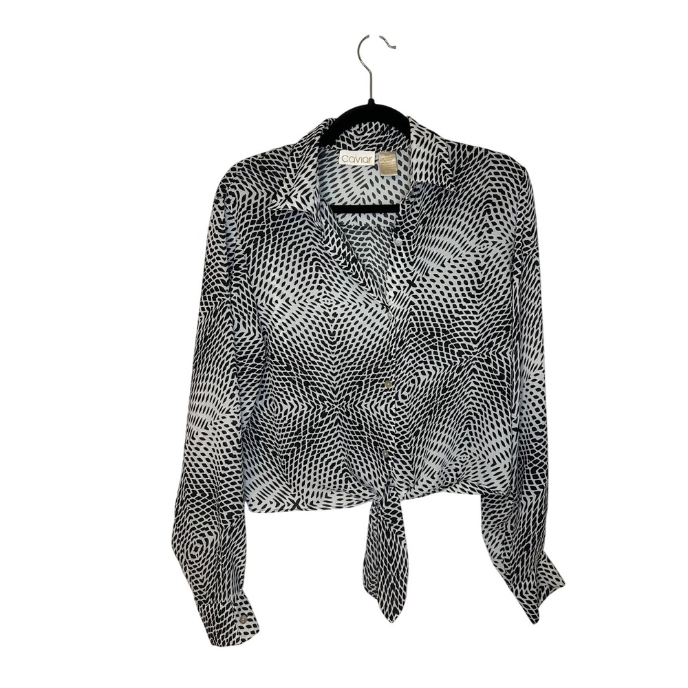 Caviar Abstract Print‎ Tie Neck Long Sleeve Blouse Top Size M